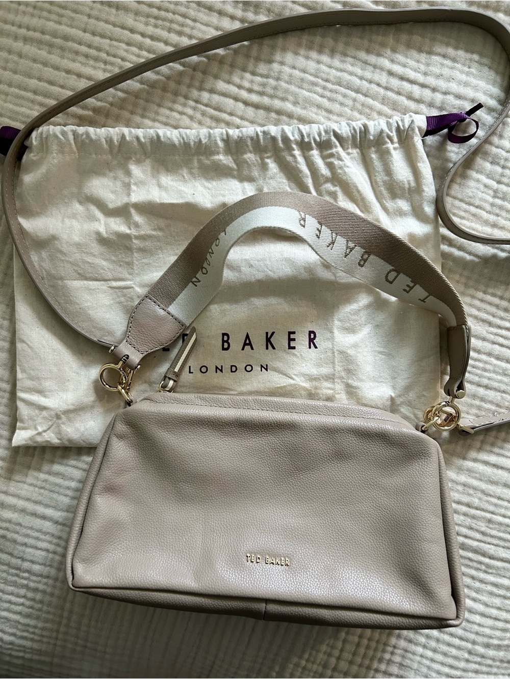 Ted Baker Beige Pebbled Leather Crossbody with Branded Strap NWOT